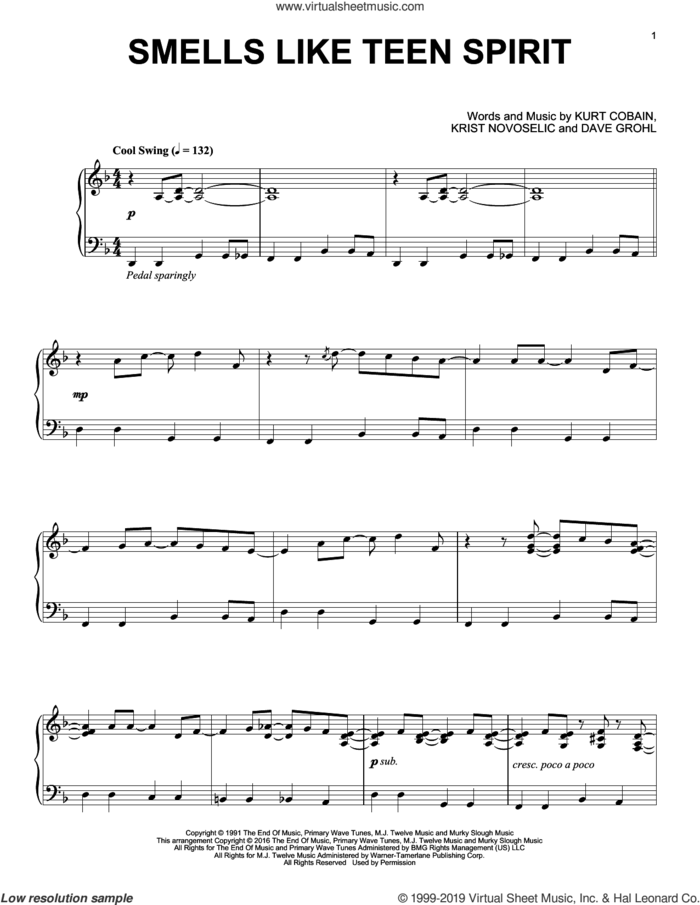 Smells Like Teen Spirit [Jazz version] sheet music for piano solo by Nirvana, Dave Grohl, Krist Novoselic and Kurt Cobain, intermediate skill level