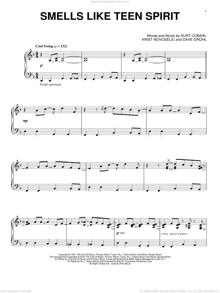 Smells Like Teen Spirit [Jazz version] sheet music for piano solo by Nirvana, Dave Grohl, Krist Novoselic and Kurt Cobain, intermediate skill level