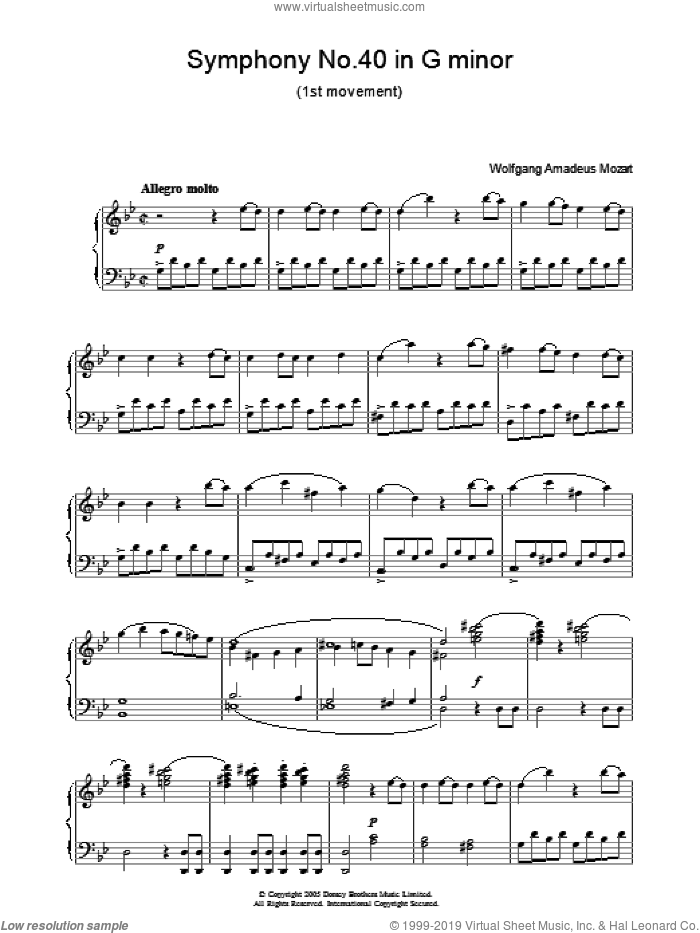 Symphony No. 40 (Theme) sheet music for piano solo by Wolfgang Amadeus Mozart, classical score, intermediate skill level