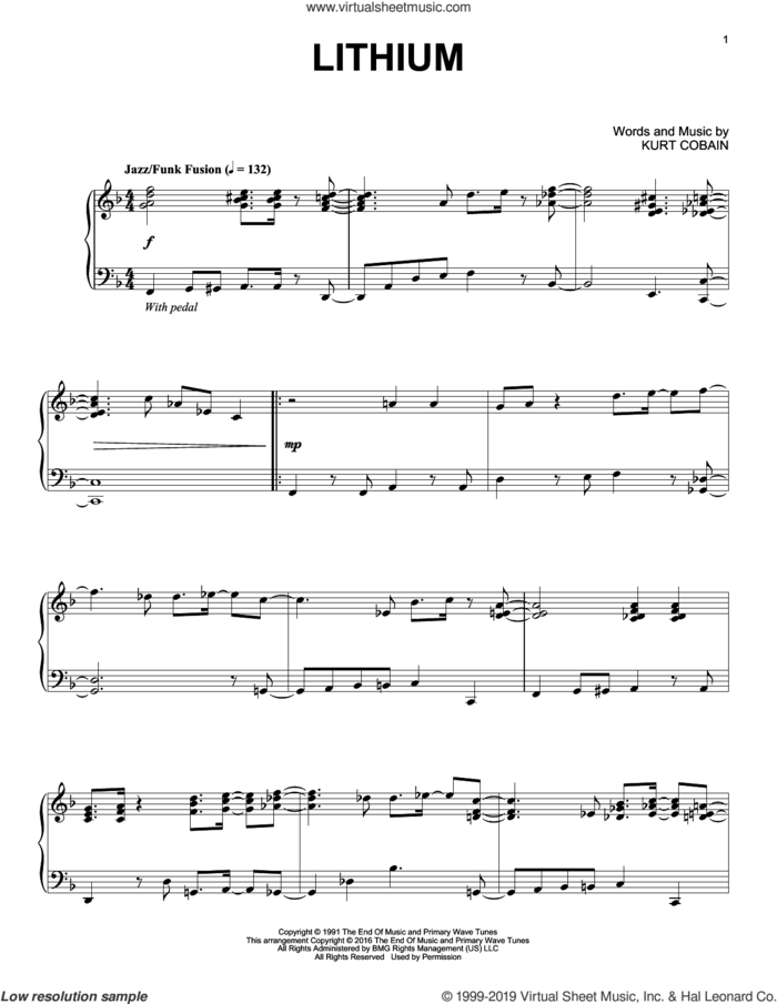 Lithium [Jazz version] sheet music for piano solo by Nirvana and Kurt Cobain, intermediate skill level