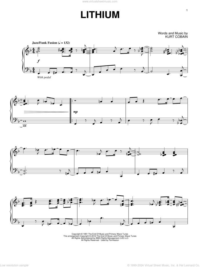 Lithium [Jazz version] sheet music for piano solo by Nirvana and Kurt Cobain, intermediate skill level