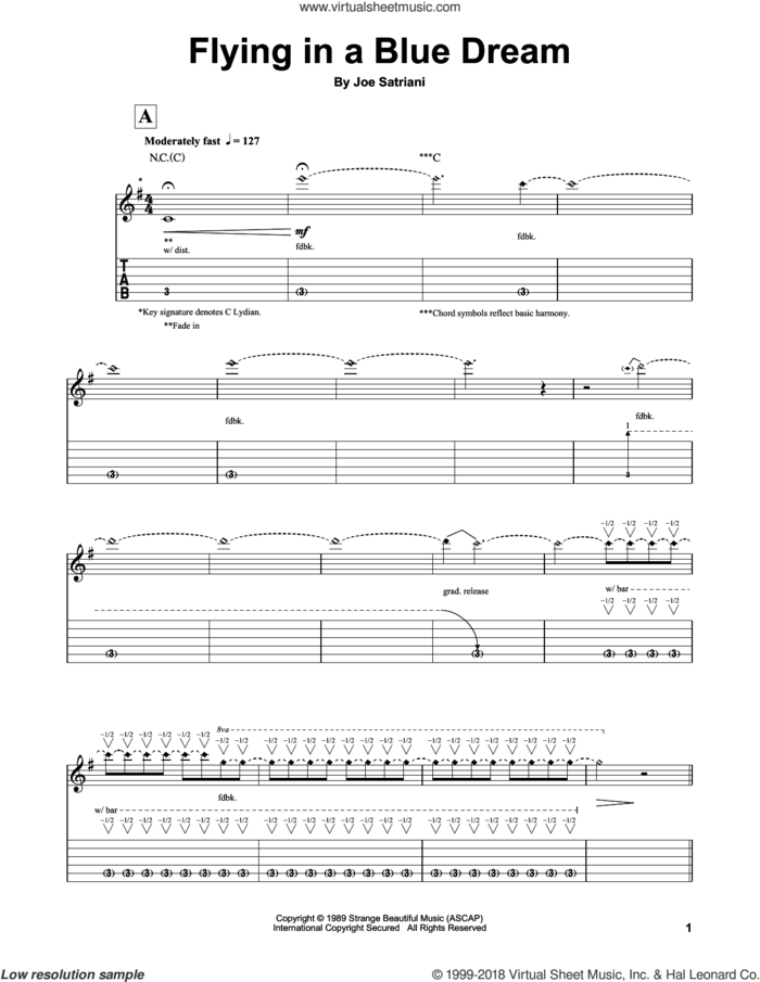 Flying In A Blue Dream sheet music for guitar (tablature, play-along) by Joe Satriani, intermediate skill level