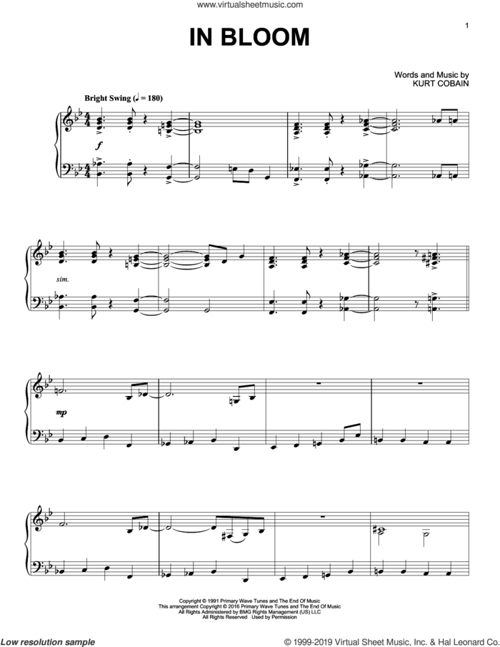 In Bloom [Jazz version] sheet music for piano solo by Nirvana and Kurt Cobain, intermediate skill level