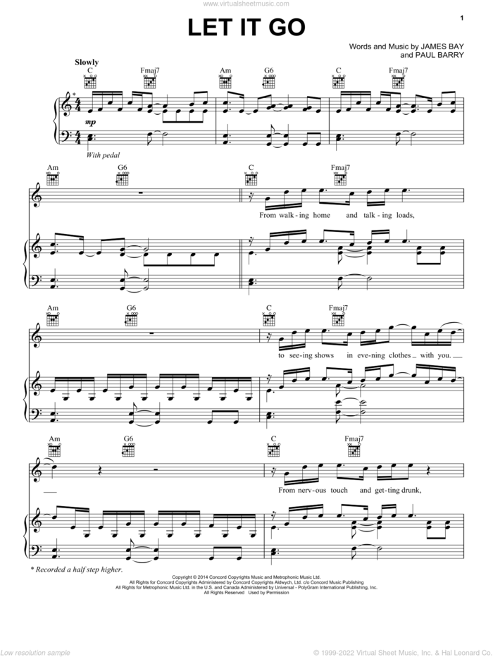 Let It Go sheet music for voice, piano or guitar by James Bay and Paul Barry, intermediate skill level