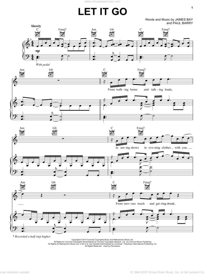 Let It Go sheet music for voice, piano or guitar by James Bay and Paul Barry, intermediate skill level