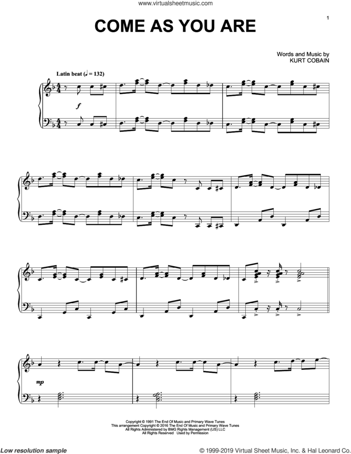 Come As You Are [Jazz version] sheet music for piano solo by Nirvana and Kurt Cobain, intermediate skill level