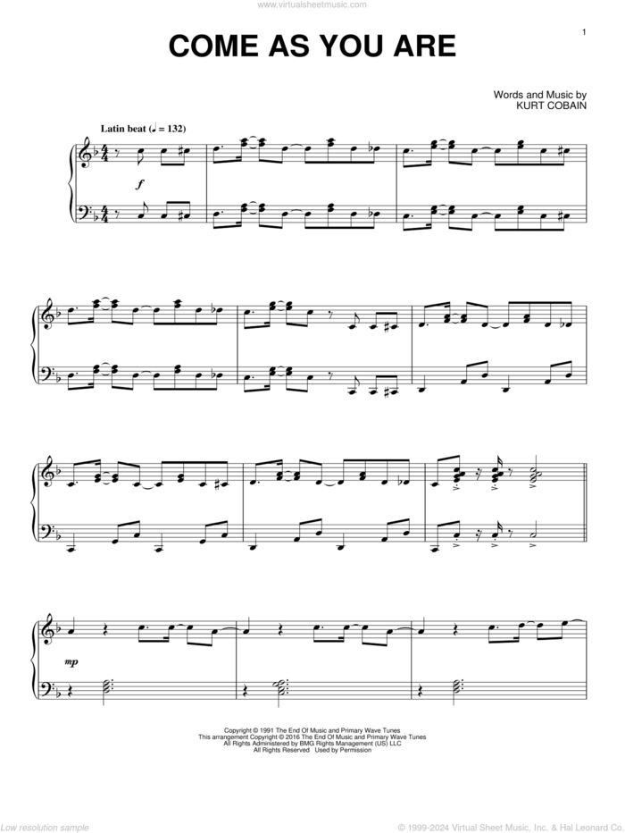 Come As You Are [Jazz version] sheet music for piano solo by Nirvana and Kurt Cobain, intermediate skill level