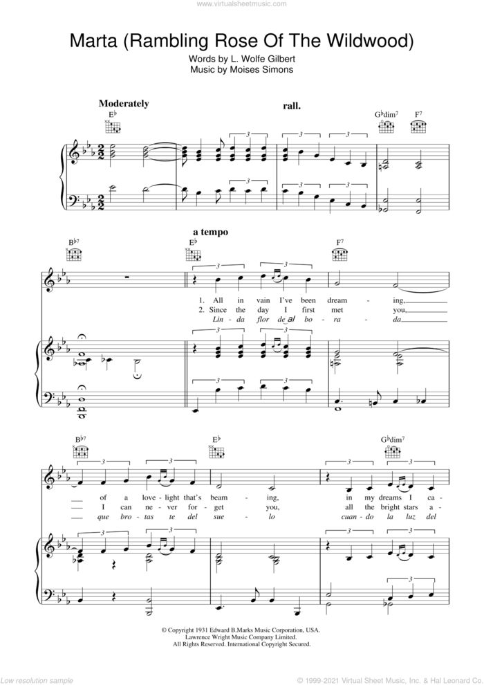 Marta (Rambling Rose Of The Wildwood) sheet music for voice, piano or guitar by Moises Simons, intermediate skill level