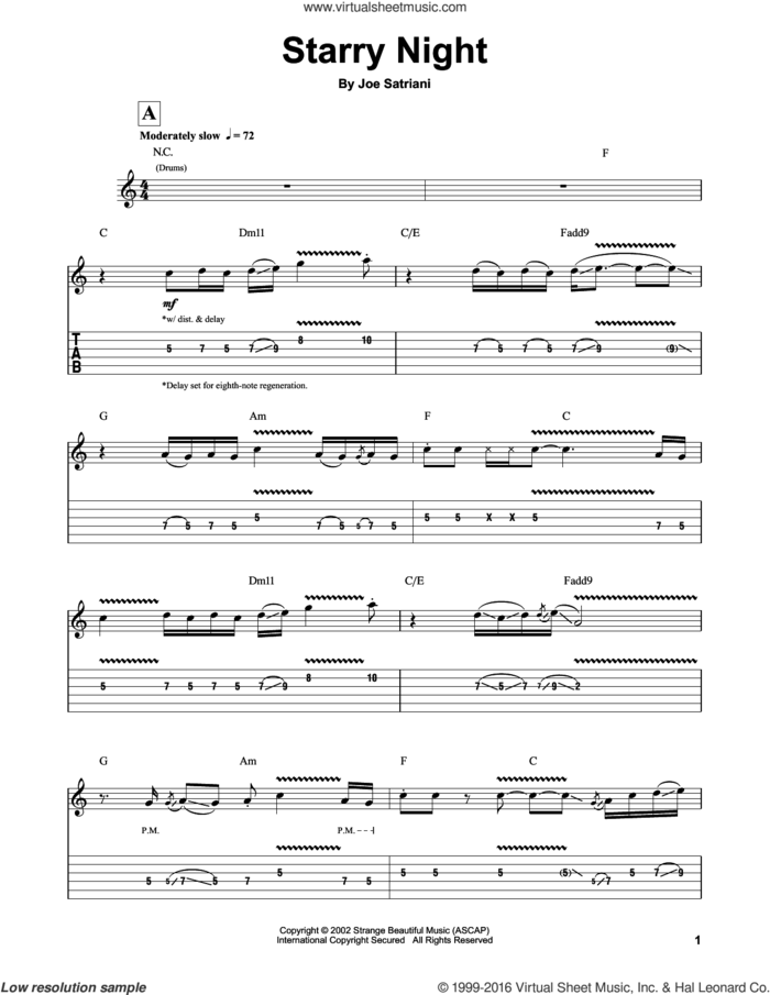 Starry Night sheet music for guitar (tablature, play-along) by Joe Satriani, intermediate skill level