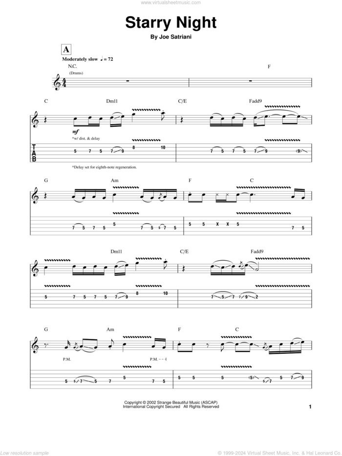 Starry Night sheet music for guitar (tablature, play-along) by Joe Satriani, intermediate skill level