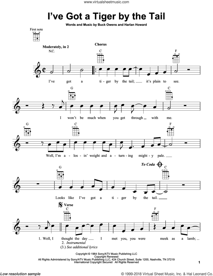 I've Got A Tiger By The Tail sheet music for ukulele by Buck Owens and Harlan Howard, intermediate skill level