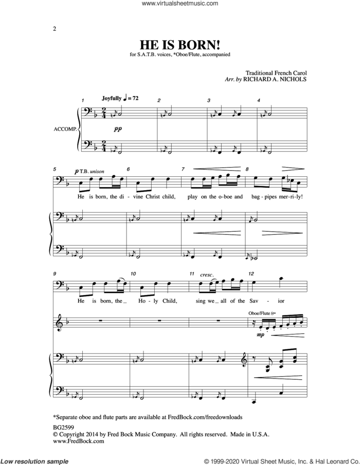 He Is Born sheet music for choir (SATB: soprano, alto, tenor, bass) by Richard A. Nichols, intermediate skill level