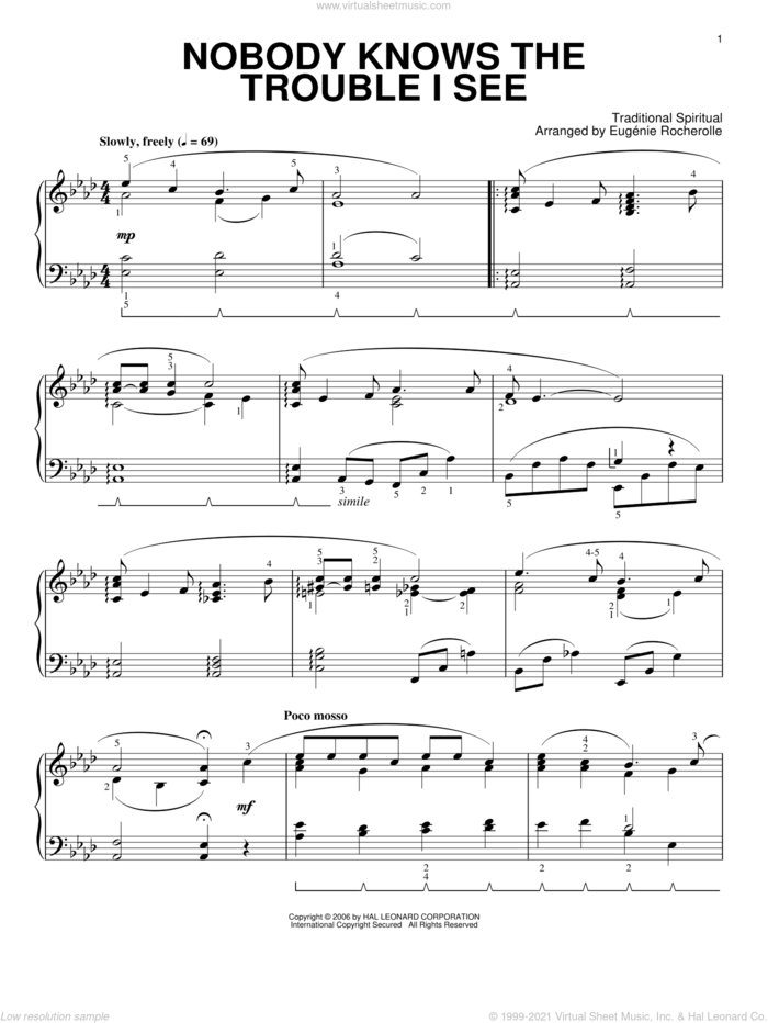 Nobody Knows De Trouble I See sheet music for piano solo  and Eugenie Rocherolle, intermediate skill level