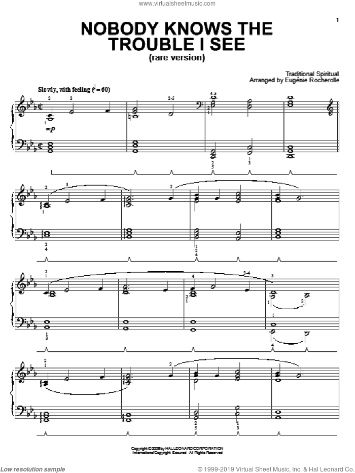 Nobody Knows De Trouble I See (Rare Version) sheet music for piano solo  and Eugenie Rocherolle, intermediate skill level