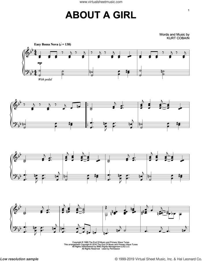 About A Girl [Jazz version] sheet music for piano solo by Nirvana and Kurt Cobain, intermediate skill level