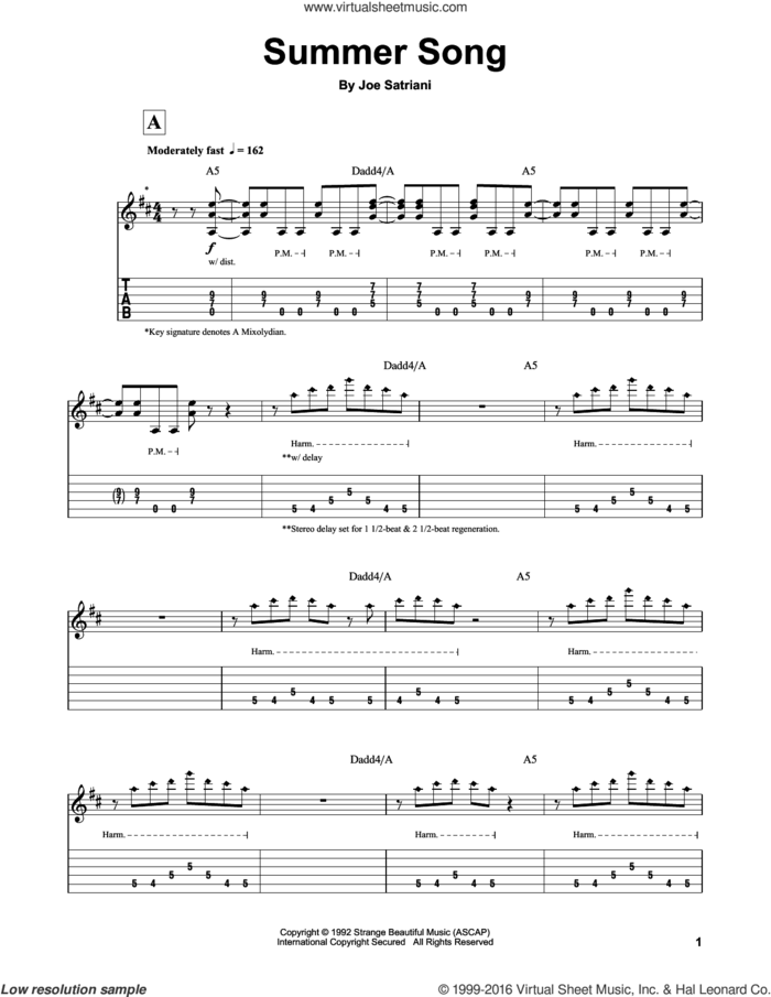 Summer Song sheet music for guitar (tablature, play-along) by Joe Satriani, intermediate skill level
