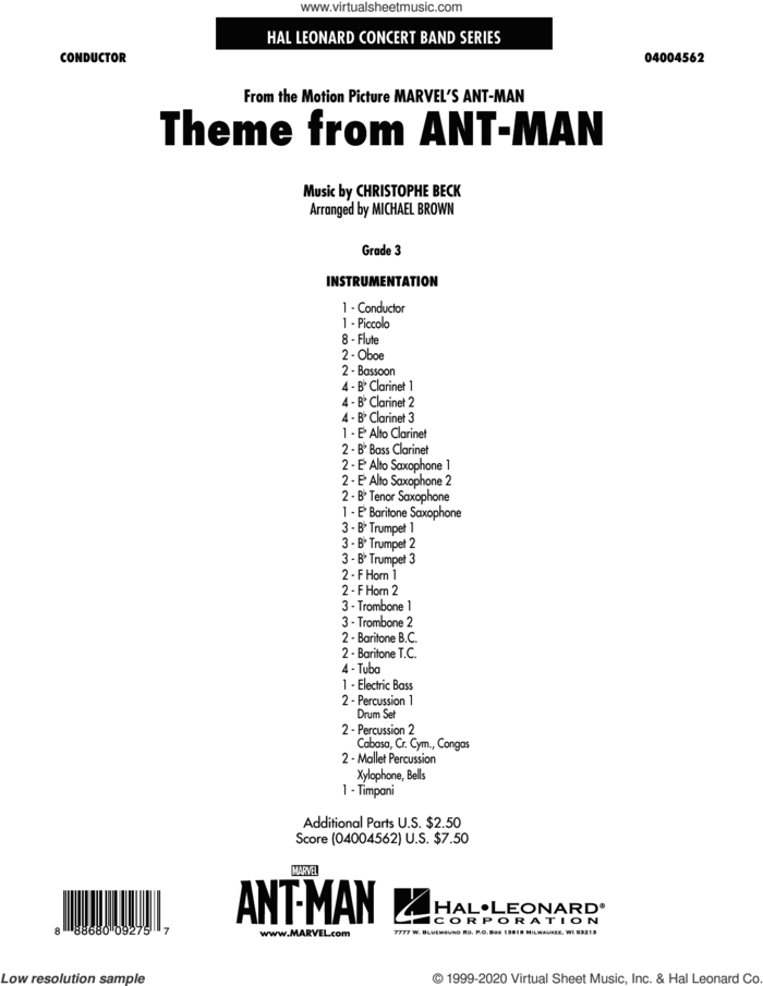 Theme from Ant-Man (COMPLETE) sheet music for concert band by Michael Brown and Christophe Beck, intermediate skill level
