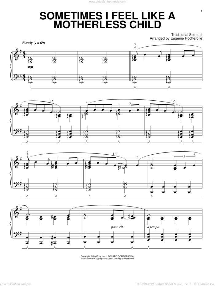 Sometimes I Feel Like A Motherless Child sheet music for piano solo  and Eugenie Rocherolle, intermediate skill level