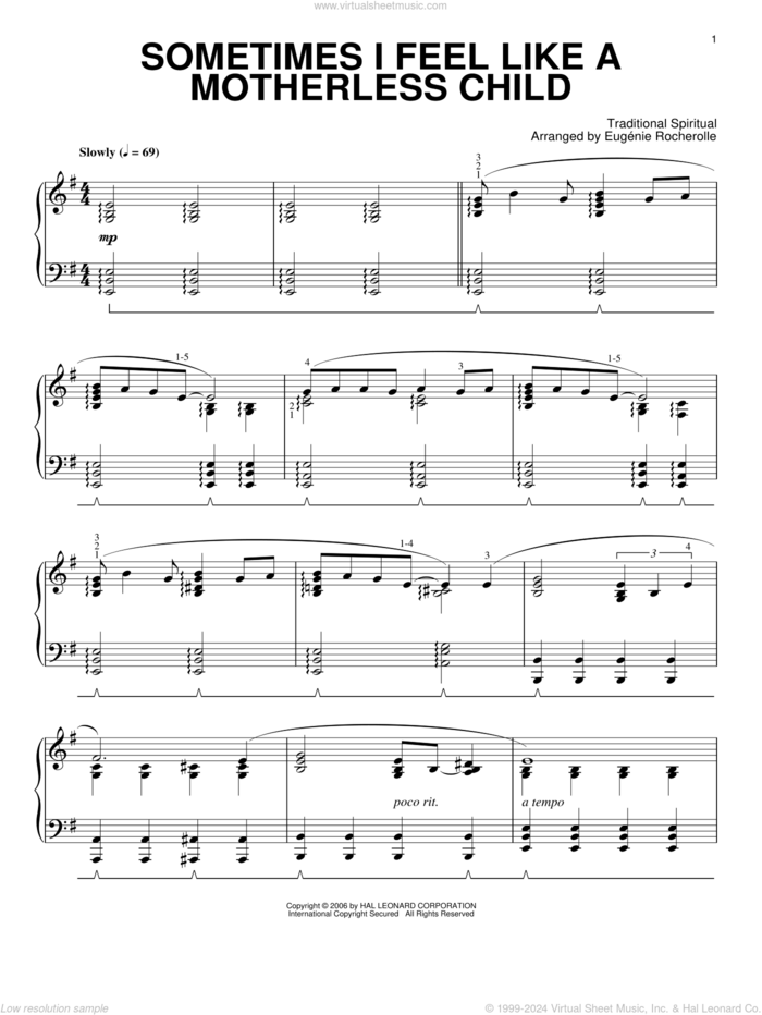 Sometimes I Feel Like A Motherless Child sheet music for piano solo  and Eugenie Rocherolle, intermediate skill level