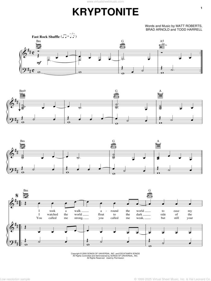 Kryptonite sheet music for voice, piano or guitar by 3 Doors Down, Brad Arnold, Matt Roberts and Todd Harrell, intermediate skill level