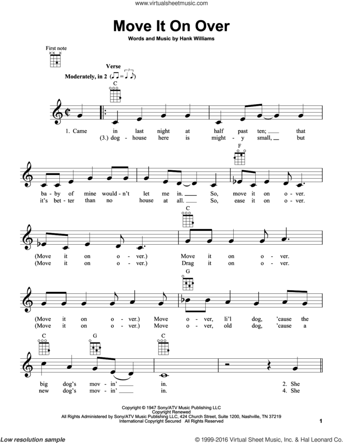 Move It On Over sheet music for ukulele by Hank Williams, Buddy Alan and Travis Tritt with George Thorogood, intermediate skill level