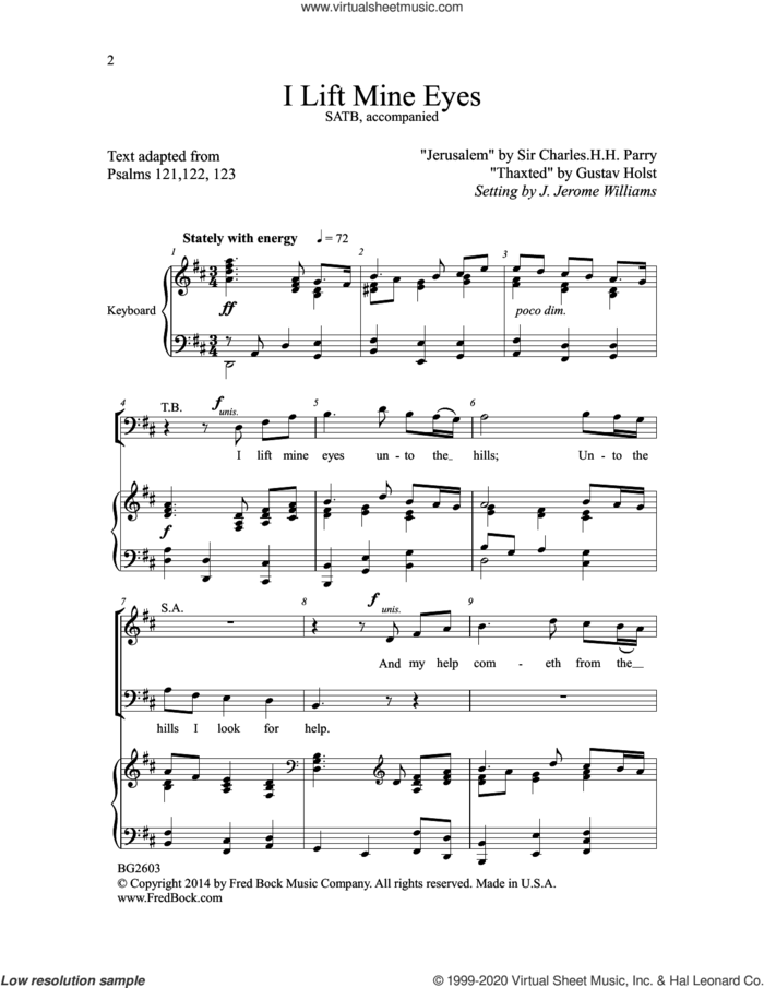 I Lift Mine Eyes sheet music for choir (SATB: soprano, alto, tenor, bass) by J. Jerome Williams and Sir Charles Hubert Hastings Parry/ Gustav Holst, intermediate skill level