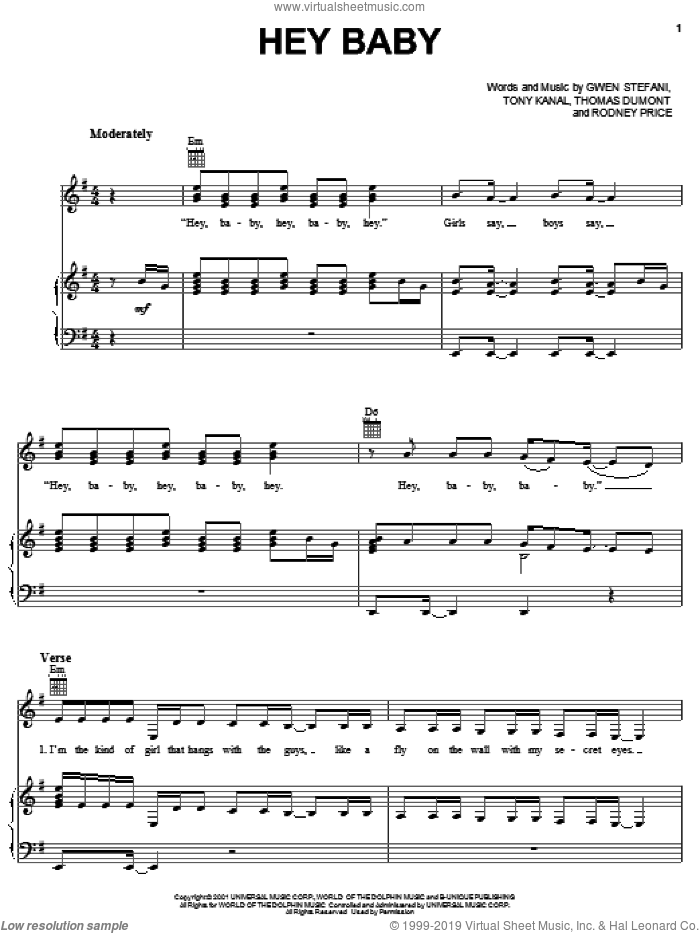 Hey Baby sheet music for voice, piano or guitar by No Doubt, Gwen Stefani, Rodney Price, Tom Dumont and Tony Kanal, intermediate skill level
