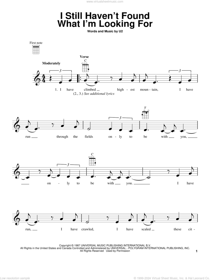 I Still Haven't Found What I'm Looking For sheet music for ukulele by U2 and David Cook, intermediate skill level