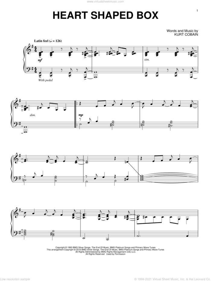 Heart Shaped Box [Jazz version] sheet music for piano solo by Nirvana and Kurt Cobain, intermediate skill level