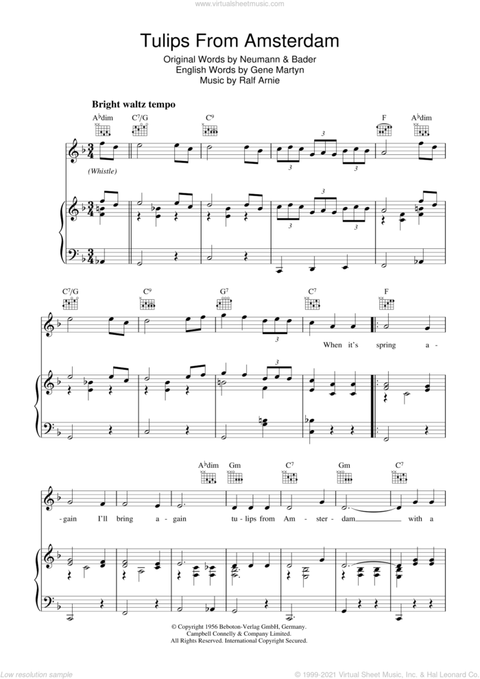 Tulips From Amsterdam sheet music for voice, piano or guitar by Gene Martyn, Bader, Neumann and Ralf Arnie, intermediate skill level