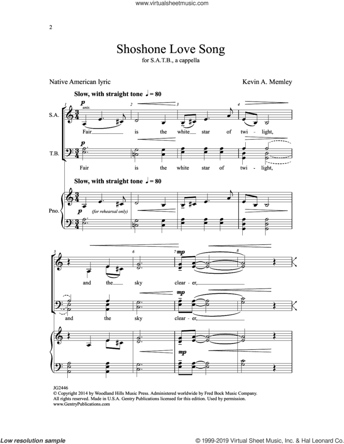 Shoshone Love Song sheet music for choir (SATB: soprano, alto, tenor, bass) by Kevin A. Memley, intermediate skill level