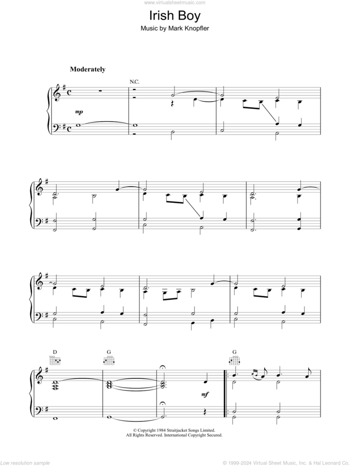 Irish Boy (from Cal) sheet music for piano solo by Mark Knopfler, intermediate skill level
