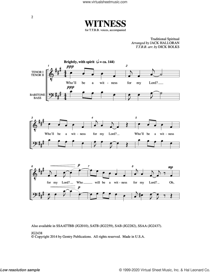 Witness sheet music for choir (TTBB: tenor, bass) by Dick Bolks, intermediate skill level