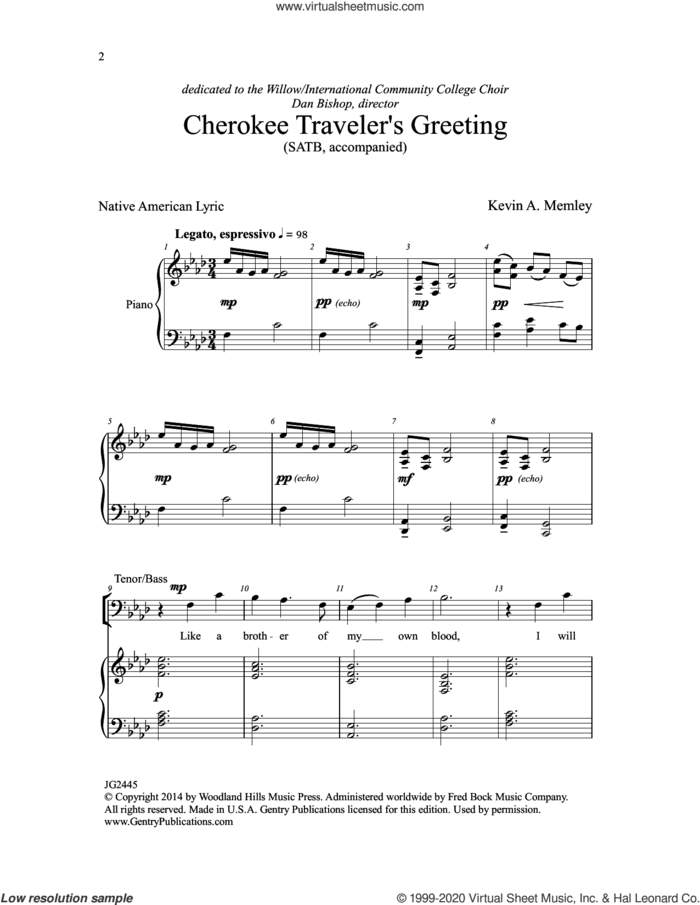 Cherokee Traveler's Greeting sheet music for choir (SATB: soprano, alto, tenor, bass) by Kevin A. Memley, intermediate skill level
