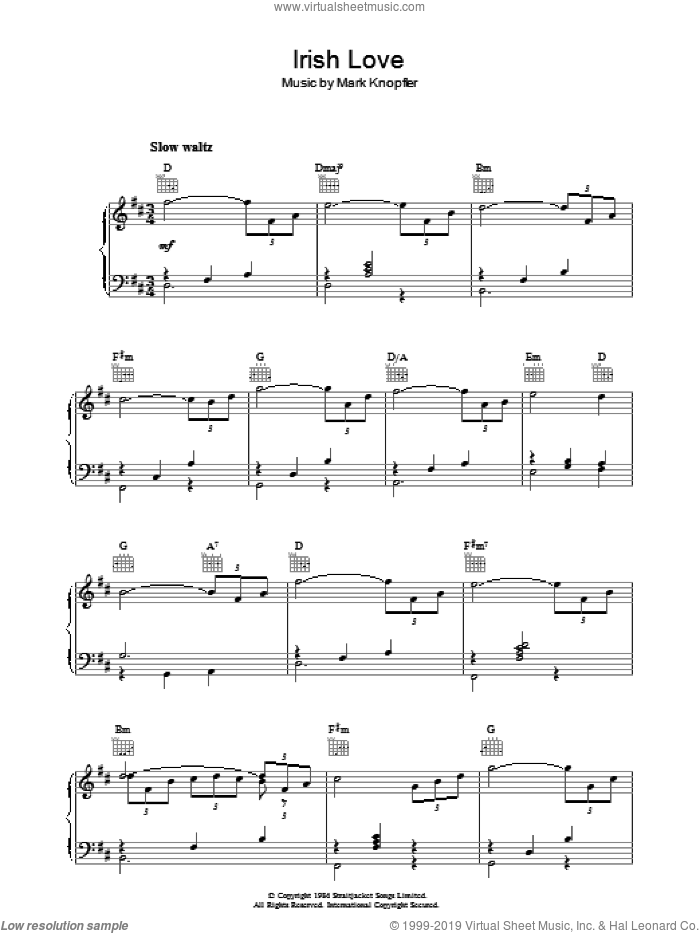 Irish Love (from Cal) sheet music for piano solo by Mark Knopfler, intermediate skill level