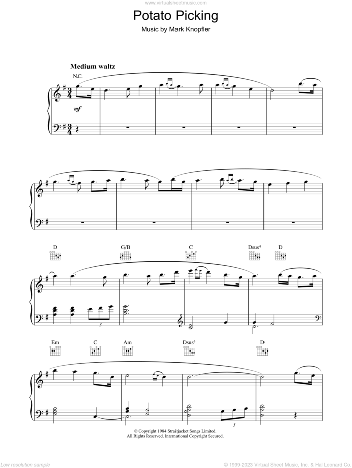 Potato Picking (from Cal) sheet music for piano solo by Mark Knopfler, intermediate skill level