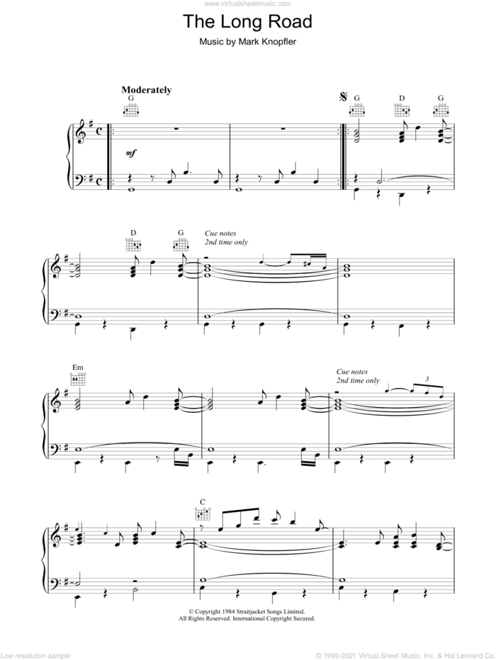 The Long Road (from Cal) sheet music for piano solo by Mark Knopfler, intermediate skill level