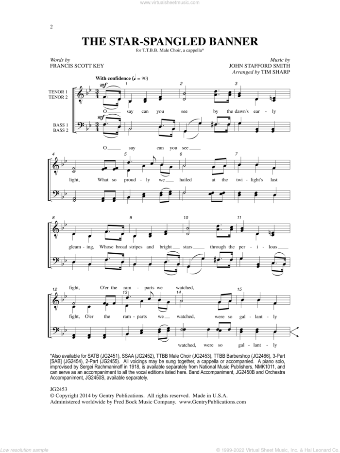 The Star-Spangled Banner sheet music for choir (TTBB: tenor, bass) by Tim Sharp, John Stafford Smith and Francis Scott Key, intermediate skill level