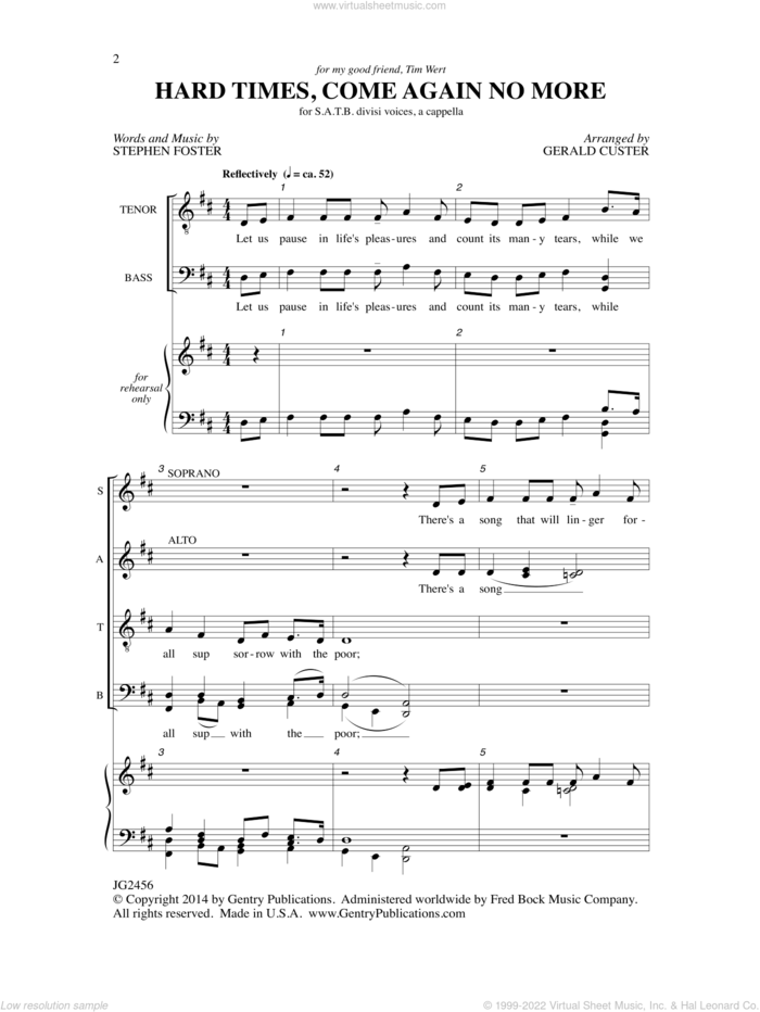 Hard Times, Come Again No More sheet music for choir (SATB: soprano, alto, tenor, bass) by Gerald Custer and Stephen Foster, intermediate skill level