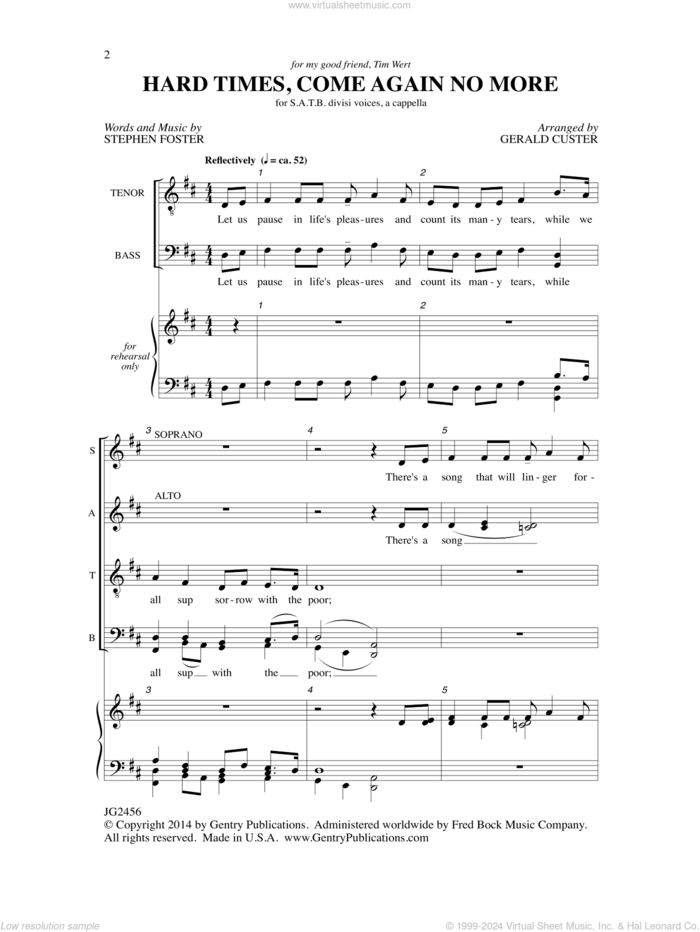 Hard Times, Come Again No More sheet music for choir (SATB: soprano, alto, tenor, bass) by Gerald Custer and Stephen Foster, intermediate skill level