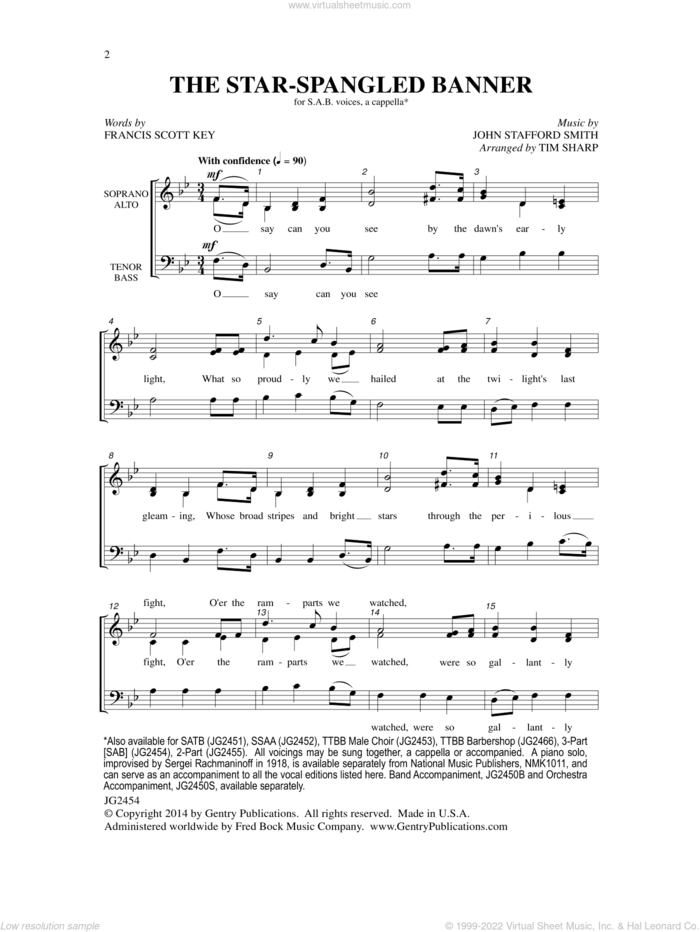 The Star-Spangled Banner sheet music for choir (SAB: soprano, alto, bass) by Tim Sharp, Francis Scott Key and John Stafford Smith, intermediate skill level