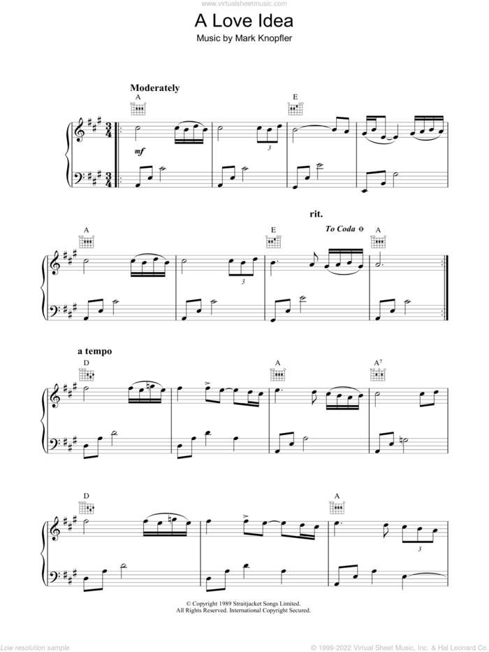 A Love Idea (from Last Exit To Brooklyn) sheet music for piano solo by Mark Knopfler, intermediate skill level