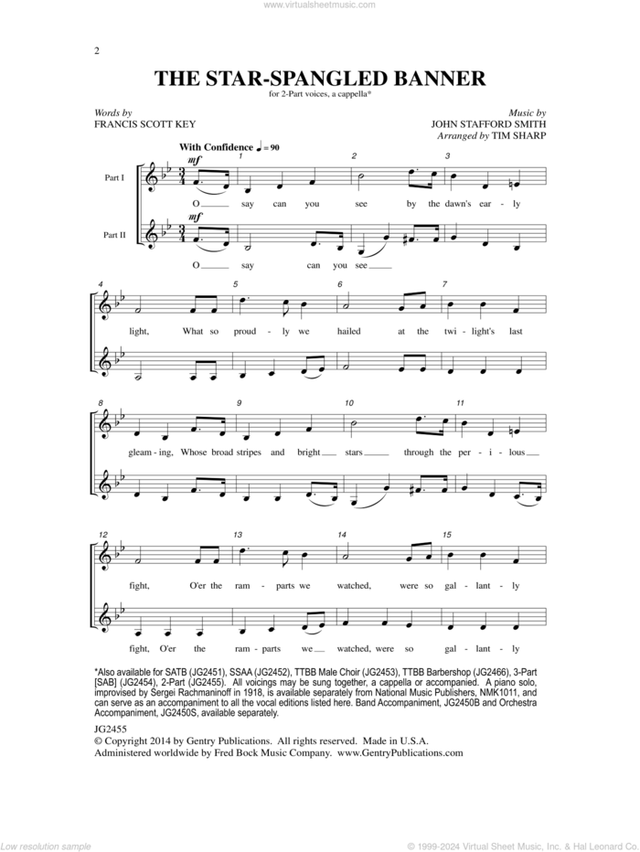 The Star-Spangled Banner sheet music for choir (2-Part) by Tim Sharp, Francis Scott Key and John Stafford Smith, intermediate duet