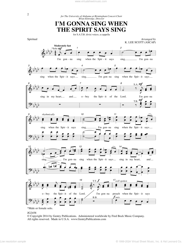 I'm Gonna Sing When the Spirit Says Sing sheet music for choir (SATB: soprano, alto, tenor, bass) by K. Lee Scott, intermediate skill level