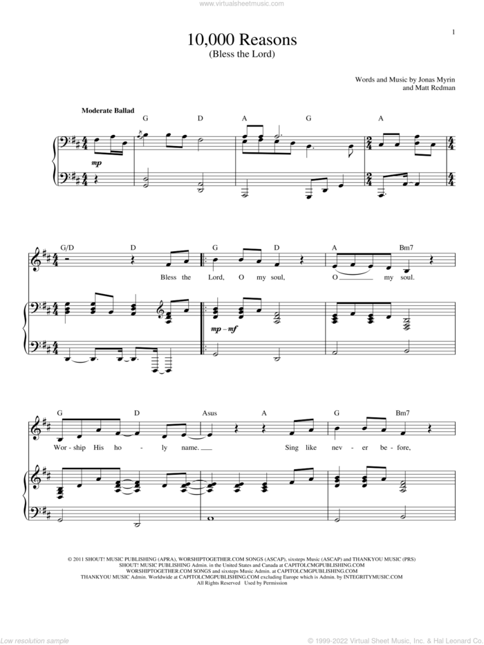10,000 Reasons (Bless The Lord) sheet music for voice and piano by Matt Redman and Jonas Myrin, intermediate skill level