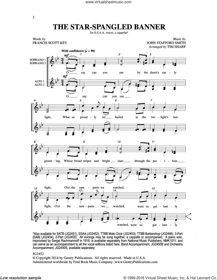 The Star-Spangled Banner sheet music for choir (SSAA: soprano, alto) by Tim Sharp, Francis Scott Key and John Stafford Smith, intermediate skill level