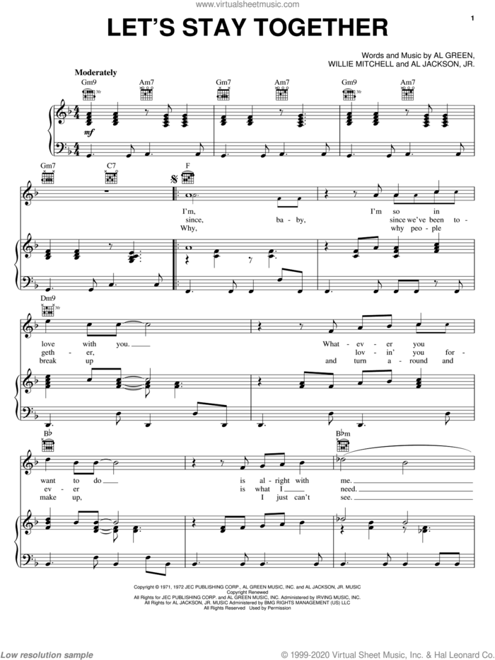 Let's Stay Together sheet music for voice, piano or guitar by Al Green, Al Jackson, Jr. and Willie Mitchell, wedding score, intermediate skill level