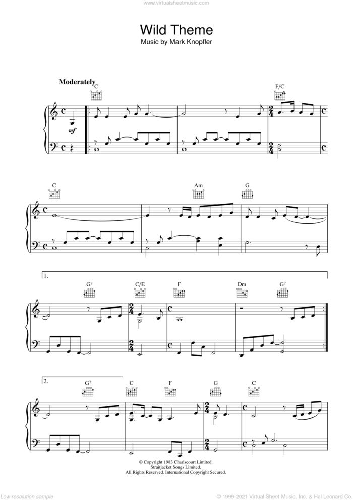 Wild Theme (from Local Hero) sheet music for piano solo by Mark Knopfler, intermediate skill level