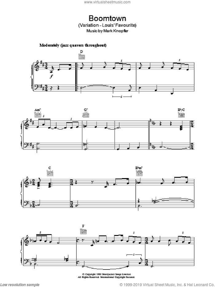Boomtown (Variation - Louis' Favourite) (from Local Hero) sheet music for piano solo by Mark Knopfler, intermediate skill level