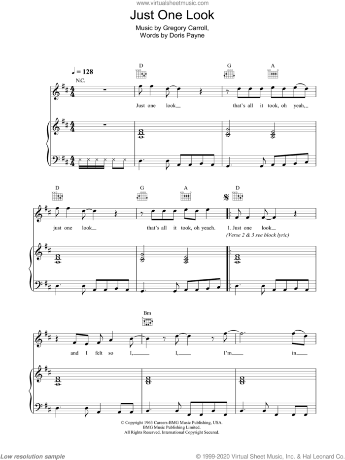 Just One Look sheet music for voice, piano or guitar by The Hollies, Doris Payne and Gregory Carroll, intermediate skill level